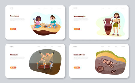 Paleontology archeology science cartoon web banners with prehistoric dinosaur skeleton in ground and museum of history. Archaeologist woman and kids exploring artifacts and ancient fossil landing pageのイラスト素材