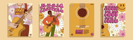 Music festival poster templates set with musician and musical instrument. Flyers, music party banners of man playing guitar flat vector illustration.のイラスト素材