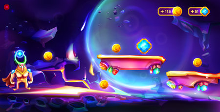 Cartoon cosmic game with platforms, astronaut and crystal bonus or assets. Space background with spaceman, alien landscape with stages and planets in sky. Gui futuristic adventure with cosmonaut.のイラスト素材