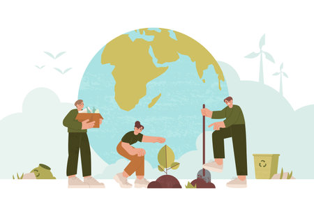 People take care of planet ecology. Concept of environmental protection and nature care. Young characters planting trees, recycling waste. Human protect and save earth flat vector illustration.のイラスト素材