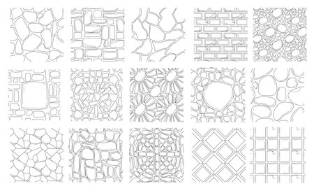 Set of hand drawing paving stone and brick textures. Outline seamless patterns of street pavement. Cobblestone wall or path, floor tiles top view. Textured natural backgrounds design elements.のイラスト素材