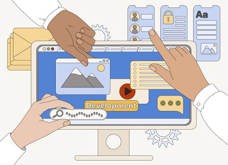 Flat vector hands of programmers working on website, banner, coding web page or mobile app. Team of designers create ux design, holding ui template. Cms development. Landing page and research concept.のイラスト素材