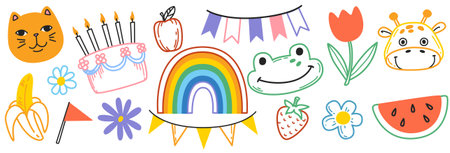 Cute hand drawn doodle vector set. Colorful collection of happy animal faces, fruits, scribble, flowers, rainbow and birthday elements. Design objects for decoration or prints.のイラスト素材