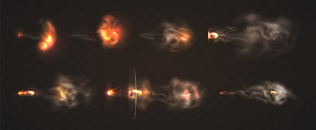 Realistic 3d flying bullets with smoke trace. Gun flashes with fire sparkles isolated on transparent background. Firearm projectiles, blast motion. Pistol shots clouds, muzzle shotgun explosion.のイラスト素材