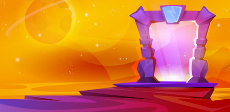 Cartoon vector illustration of magic portal in stone frame with purple plasma light. Glowing plasmic entrance door to parallel world at yellow landscape background. Fantasy game scene.のイラスト素材
