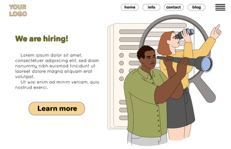 Flat hr managers with binoculars, magnifier and cv. Recruiters announce hiring staff, recruiting people or researching candidates. Vector landing page of hire employees. Business recruitment concept.のイラスト素材