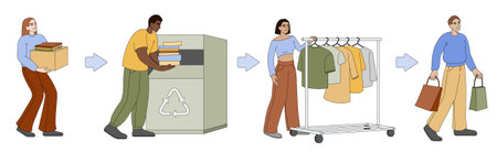 Fabric and textile recycling. Flat people donating, sorting and dropping used old clothes in can for recycle. Exchange or buy sustainable clothes from recycled materials. Eco friendly fashion concept.のイラスト素材