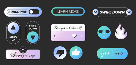 Social media reactions. Flat vector icons, web design elements on black background. Swipe up, swipe down, learn more, subscribe, stickers and button yes or no. Blogging and communication concept.のイラスト素材