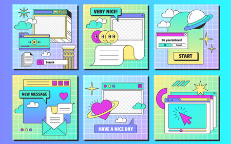Retro linear vaporwave ig posts template in y2k style. Set of vintage browser computer windows with aesthetic user interface elements and stickers for social media. Flat vector illustration.のイラスト素材