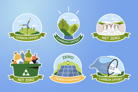 Set icons of net zero and carbon footprint. Sustainable development stickers. Green energy, reducing CO2 emissions design elements or labels. Eco friendly production, environmental safety.のイラスト素材