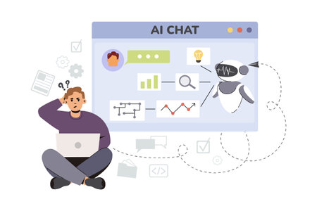 Artificial intelligence concept. Flat man using Ai technology for help with tasks and answer questions. Online communication with chat bot. Character chatting with chatbot, digital assistant in laptopのイラスト素材