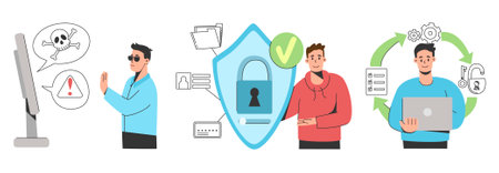 Cybersecurity, computer virus or malware. Network and information security, data recovery software. Antivirus programs for recover lost information privacy or protection from cyber attack. Tech safetyのイラスト素材