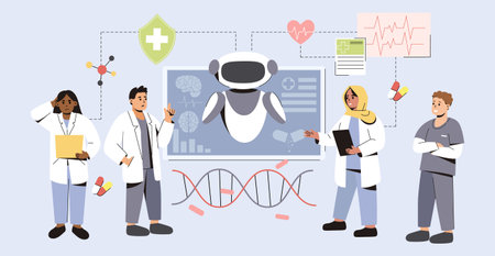 AI in medicine. Artificial Intelligence help in medical diagnosis and treatment of patients. Futuristic tech in medicine. Flat doctors using innovative technologies for research and disease analysis.のイラスト素材