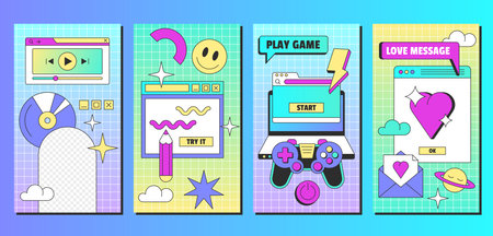Retro linear vaporwave post template in y2k style. Set of vintage social media ig posts or stories with aesthetic user interface elements. Posters with old computer windows vector flat illustration.のイラスト素材