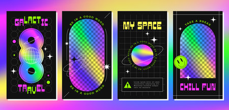 Trendy social media posters templates with abstract geometric shapes, rainbow holographic gradient. Acid flyer in y2k style. Poster with neon copy space for photo or text. Set of hologram elements.のイラスト素材