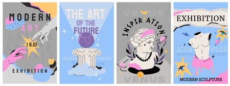 Art exhibition posters with antique sculpture, greek statues and column. Cover design with surreal elements, greece heads, plaster bust. Invitation banner set with modern objects of gallery, museumのイラスト素材