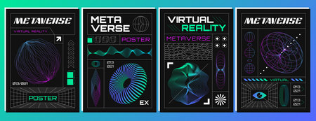 Retrofuturistic posters set with abstract 3d wireframes geometry objects from line grid. Geometric shapes silhouette in vaporwave style. design figures in perspective view. Vector outline illustrationのイラスト素材