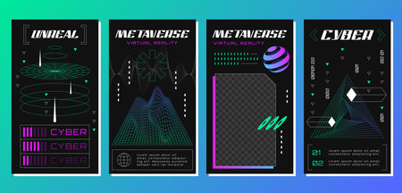 Retro futuristic posters with abstract 3d geometry wireframe grid. Technology graphic elements in vaporwave style. Geometric shapes, tunnel triangle in perspective view. Vector cyberpunk design.のイラスト素材