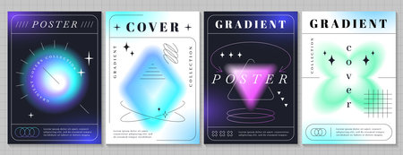 Trendy modern gradient posters with blurred geometric shapes. Blurry aura aesthetic abstract graphic elements collection of different forms. Flyers set of design element with defocus effectのイラスト素材