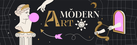 Trendy contemporary design for art exhibition poster. Creative collage with antique sculpture, column and harp. Cover design with greek statue and greece heads. Invitation banner with surreal elementsのイラスト素材
