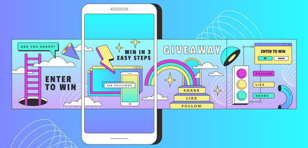 Instagram post carousel template banners. Internet application on the screen of smartphone device. Design background for social media. Mockup of the mobile app with stickers flat vector illustrationのイラスト素材