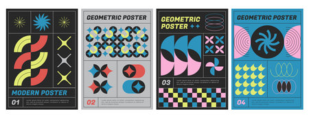 Modern aesthetics posters collection with abstract geometric shapes. Brutalist art style vector flyers with color graphic elements, basic figures and headers. Covers template with trendy prints.のイラスト素材