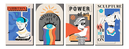 Art exhibition posters with Greek statues, antique sculpture, column. Cover design with surreal elements, greece heads and plaster bust. Invitation banner set with modern objects for gallery, museum.のイラスト素材