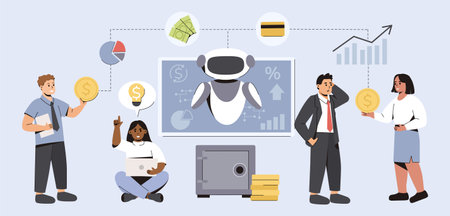 AI in financial management. People use artificial intelligence for effective use of money. Online robotic with innovative technologies help financiers automate banking payments, deposits or transfers.のイラスト素材
