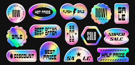 Holographic sticker set. Hologram labels, shine metal badges of different shapes. Colored rainbow shiny emblems on black background. Gradient sale and discount elements design vector illustrationのイラスト素材