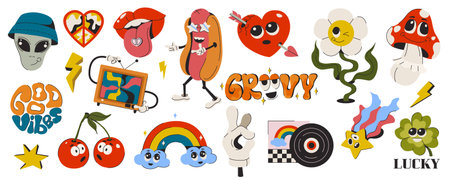 Retro colorful stickers with funny comic characters. Groovy hippie 70s set in vintage style. Psychedelic design elements. Cartoon rainbow, flower, heart, rainbow, peace, cherry, alien and mushroom.のイラスト素材