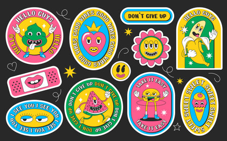 Psychedelic cartoon groovy stickers in retro style. Label or badge of trendy characters with funny faces. Hippy symbols in contemporary design isolated on black background. Vector set illustration.のイラスト素材