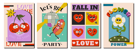 Retro posters with psychedelic comic characters, flower, hearts, cherry and funny hot dog. Flyers or card design template with groovy hippie elements. Cartoon event invitations. Vector illustrationのイラスト素材