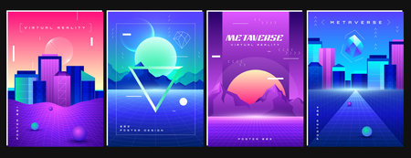 Retro futuristic space posters with synthwave background. Retrowave flyers with perspective grid, night cityscape and wireframe mountain landscape with night sky and sunset. Metaverse neon city.のイラスト素材
