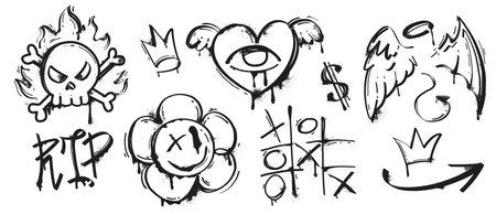 Black paint spray graffiti with splatter and ink drips. Street art set of angel wings, heart, arrow, tic tac toe and skull sticker in hand drawn. Painted urban elements isolated on white background.のイラスト素材