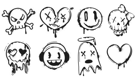 Black spray paint graffiti emoji of smiling face, heart, skull and ghost. Street art set of ink drip splatter face emoticon characters in hand drawing style. Painted urban elements on white backgroundのイラスト素材
