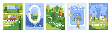 Set of brochure or poster of net zero emissions, carbon neutral or renewable energy. Sustainable development cover design templates. Save environment concept. Flyers of steps to reduce co2 emissions.のイラスト素材
