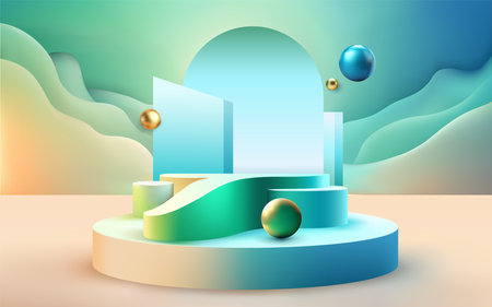 Realistic 3d circle podium with geometric figures, golden balls and decor. Empty round stage for award ceremony or exhibit displays. Pedestal for product presentation. Scene with abstract backdrop.のイラスト素材