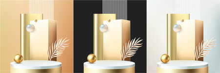 Realistic 3d round podiums with geometric platform, pearl balls and golden leaf. Empty cylinder pedestal, stage showcase for product display presentation. Minimal scene with abstract backdrop.のイラスト素材