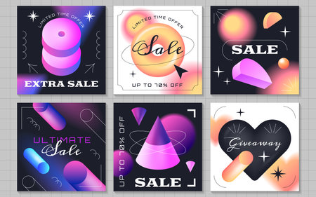 Set of sale trendy posts for social media. Vector poster template with blurred gradient geometric shapes and background. Modern banners with 3d realistic colorful objects different forms and lines.のイラスト素材