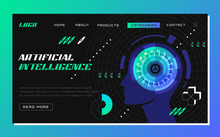 Futuristic artificial intelligence in data analysis concept. Machine learning landing page. Web banner design with ai cyber face profile. Website template of digital innovation and ai technology.のイラスト素材