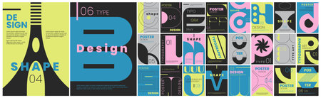 Posters or banners collection of brutalism modern font type. Aesthetics latin alphabet in brutal style. Set of geometric capital letters of abstract vintage shapes in square for cover design.のイラスト素材