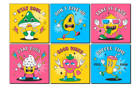 Trendy psychedelic square posters with funny characters. Modern colorful flyers with groovy avocado, heart, mushroom, cupcake and coffee cup. Cartoon cards design elements with comic faces. Stay cool.のイラスト素材