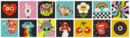 Funny cute characters, square posters in trendy retro style. Psychedelic comic faces with smile. Stickers of heart, flower, cherry, mushroom, mouth, ok gesture and rainbow. Abstract doodle patterns.のイラスト素材
