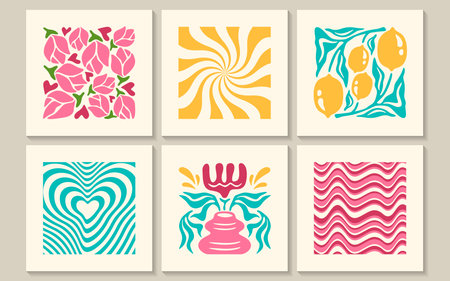 Groovy abstract posters set with lemon fruit, flowers, waves, swirl and twirl pattern in matisse minimal style. Trendy retro trippy design of floral backgrounds. Banners with flowers, plants or printsのイラスト素材