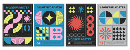 Modern geometric posters with abstract futuristic shapes. Vector flyers collection with colorful graphic elements, simple figures and headers in brutalist style. Covers collection with trendy prints.のイラスト素材