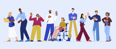 Flat diverse group of happy business people work together. Entrepreneurs, office workers isolated on background. Multinational characters working with gadgets. Equality, diversity and social inclusionのイラスト素材