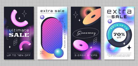 Set of sale trendy posters for social media. Cover, ig story template with gradient geometric shapes and frame for text. Modern banners with 3d realistic colorful objects different forms for promo, adのイラスト素材