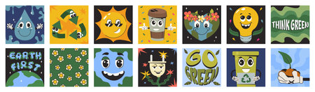 Square posters with funny cute characters of save the planet in trendy groovy style. Eco friendly stickers collection. World environment, ecology care, go green energy, zero waste or recycling conceptのイラスト素材