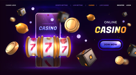 Online casino landing page. Banner with jackpot slot machine, neon smartphone and flying golden coins on dark background. Lucky fortune, slots game with prize icons. Gambling website template.のイラスト素材