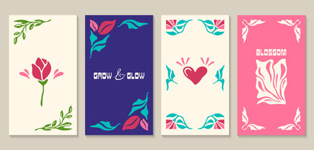 Abstract floral posters set with flowers and leaves in matisse minimal style. Modern naive groovy interior decorations. Trendy botanical wall arts, frames with floral design vector illustration.のイラスト素材